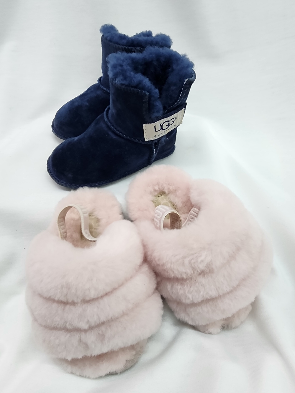 UGG Baby Navy Boot & Pink Fluffy Crib Shoes Set